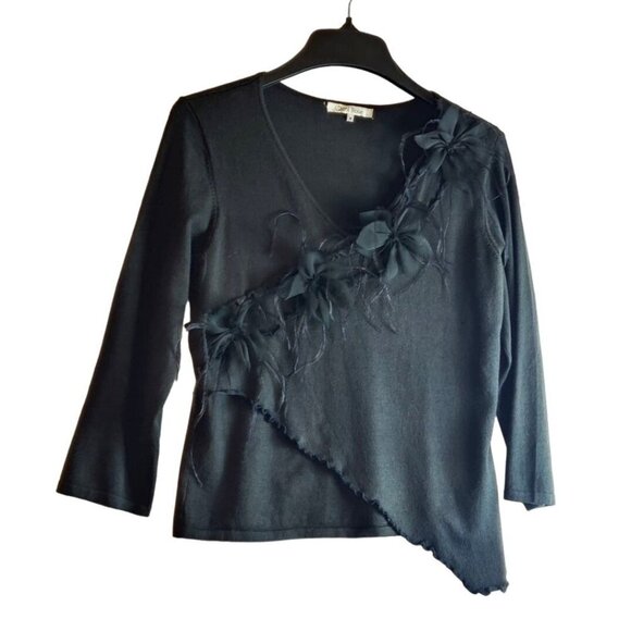 Black Feather & Flower Top Asymmetrical Special Occasion Carol Rose Sweater - Picture 1 of 8